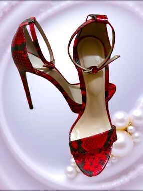 Aldo Red Snake-Print Stiletto Sandals with Ankle Strap